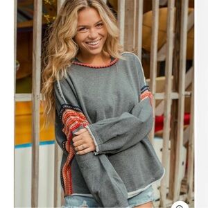 Nature Life Trim Charcoal Gray Sweatshirt with Scandinavian Knit Inserts Boho